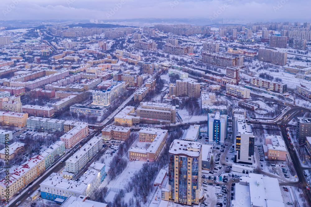 Aerial view of the town on winter day. Murmansk, Russia.