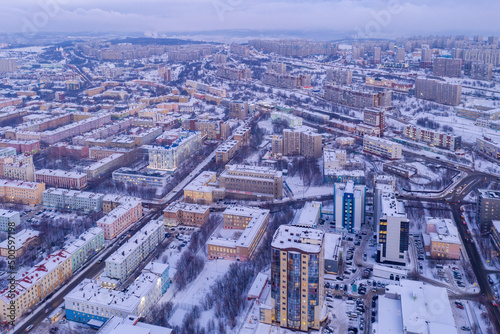 Aerial view of the town on winter day. Murmansk, Russia.