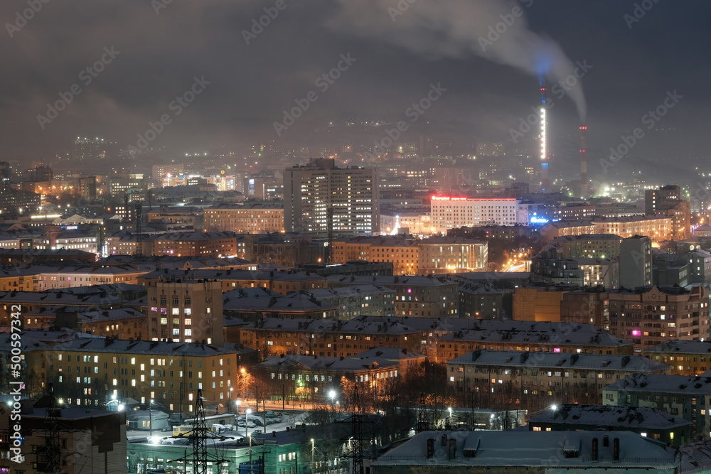 View of the town on polar night. Murmansk, Russia.