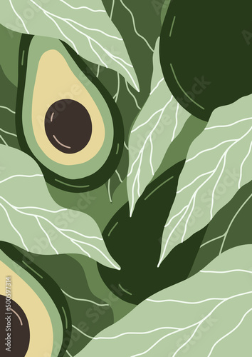 Avocado fruit background. Fruits and leaves of Avocado tree for social media, postcards, print, poster. Hand drawn Avocados. Vector illustration