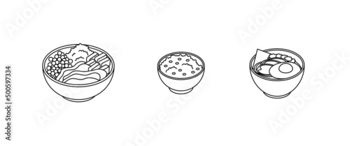 Food set - vegetables, meat, vegan, fish, meal, dish, power bowl, ramen. Isometric vector illustration in flat design. Outline, linear style, line art. Meal preparation. Icon.