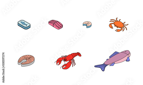 Food set - fish, seafood, salmon, tuna, cod, lobster. Isometric vector illustration in flat design. Outline, linear style, line art. Meal preparation. Icon.