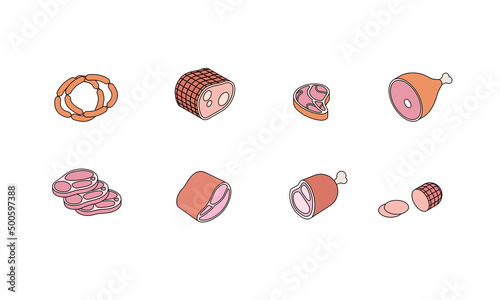 Food set - meat, pork, beef, steak, sausage, ham, bacon. Isometric vector illustration in flat design. Outline, linear style, line art. Meal preparation. Icon.