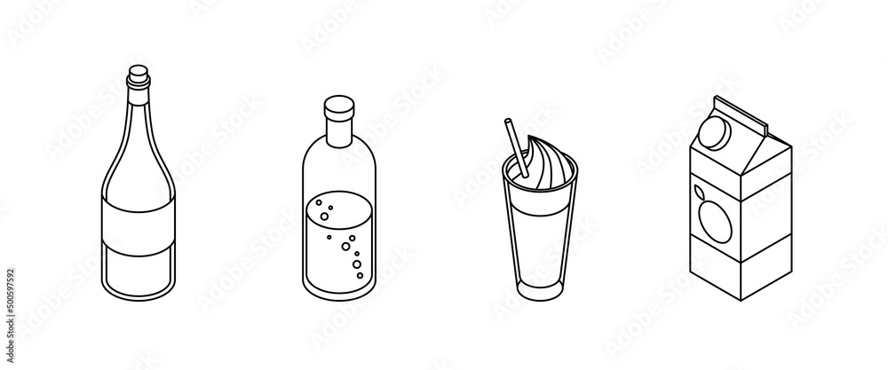 Drinks set. Isometric vector illustration in flat design. Outline, linear style, line art. Beverage, glass, juice, water, cup. Drinks set. Isometric vector illustration in flat design. Outline, linear style, line art. Beverage, glass, juice, water, cup.