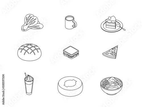 Food set - vegetables  greens  dairy  meat  fruit  fish  drink  meal  dish. Isometric vector illustration in flat design. Outline  linear style  line art. Meal preparation. Icon.