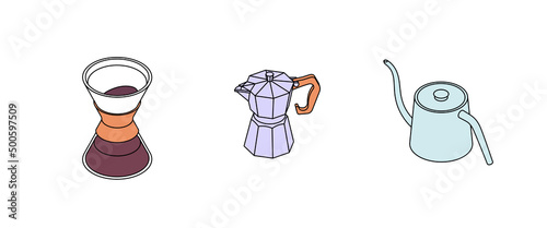 Coffee making set. Isometric vector illustration in flat design. Outline, linear style, line art. Icon set.