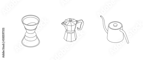 Coffee making set. Isometric vector illustration in flat design. Outline, linear style, line art. Icon set.