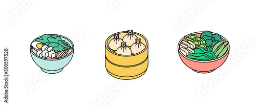 Food set - vegetables, meat, vegan, fish, meal, dish, power bowl, ramen. Isometric vector illustration in flat design. Outline, linear style, line art. Meal preparation. Icon.