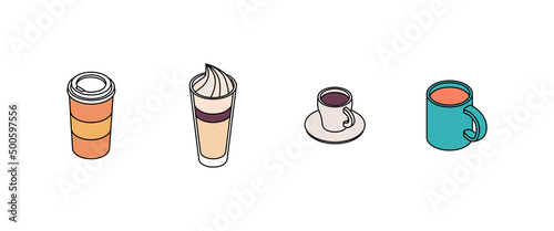 Drinks set. Isometric vector illustration in flat design. Outline, linear style, line art. Beverage, glass, juice, water, cup. Icon.