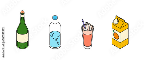 Drinks set. Isometric vector illustration in flat design. Outline, linear style, line art. Beverage, glass, juice, water, cup.