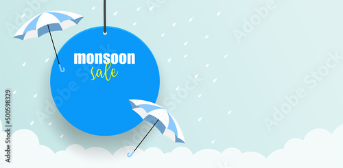 Rainy and monsoon season sale background. Design with raindrops and umbrella vector. photo