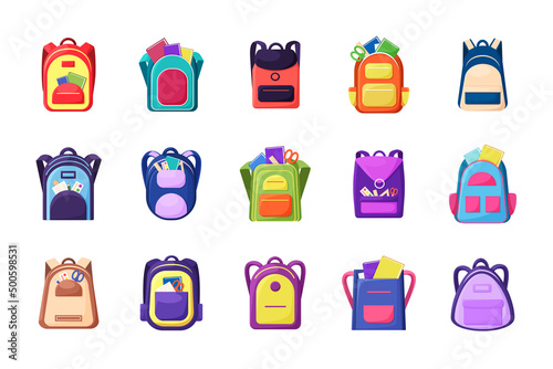 School backpack. Full study elements. Vector college or satchel , textbook, pen and rules