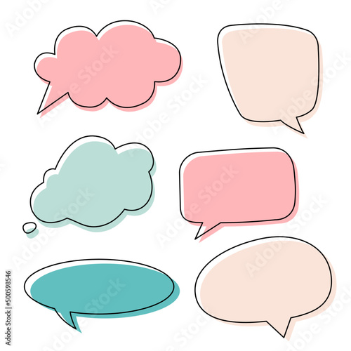 set of bubble speech pink and blue colors rectangular and oval cloud