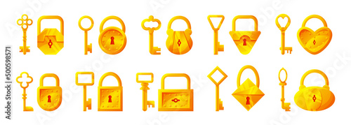 Keys and locks. Cartoon vintage golden bronze and steel secure store tools. Vector set