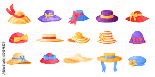 Cartoon female hat. Retro fashion headwear, modern elegant clothes. Vector hat collection