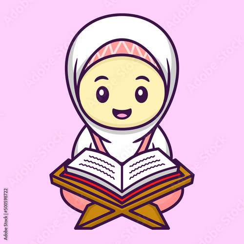 Cute Muslim Girl Reading the Quran in Cartoon. Ramadan Vector Illustration. Flat Style Concept.