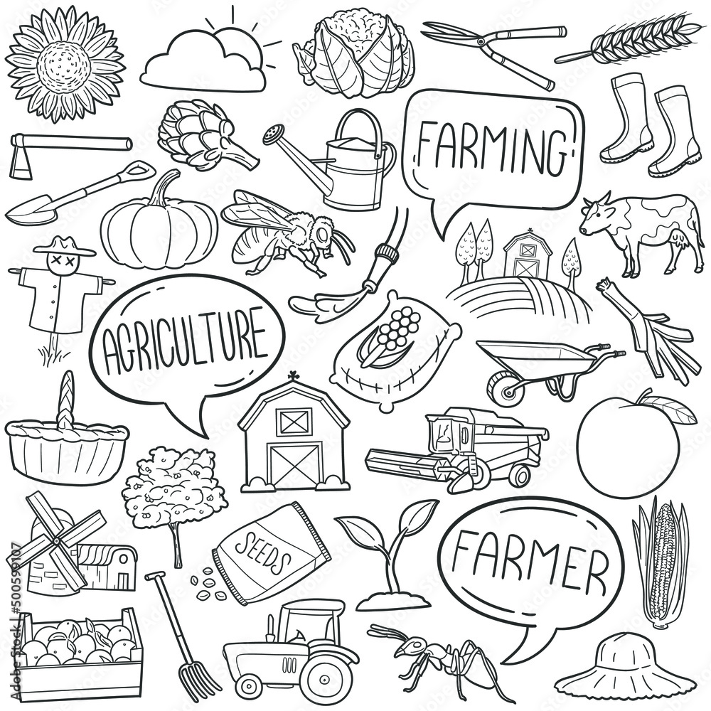 Agriculture Doodle Icons. Hand Made Line Art. Farm Life Clipart Logotype Symbol Design.