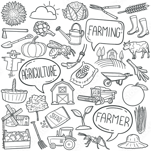 Agriculture Doodle Icons. Hand Made Line Art. Farm Life Clipart Logotype Symbol Design.