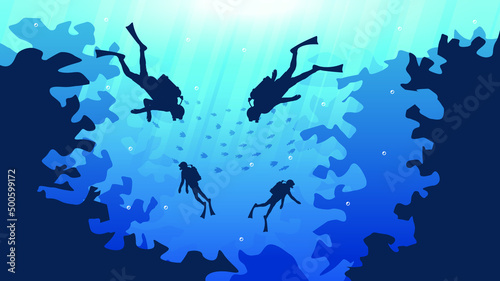 Abstract Blue Underwater Ocean Sea Nature Background Vector With Fish Shadows Seaweed DIvers