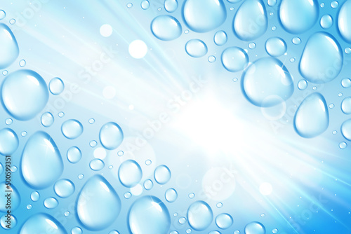 Blue background with rain drops fall on glass cover and shine light effect vector illustration. 3d gleaming refreshing droplets of rainy weather on wet backdrop for digital presentation of product
