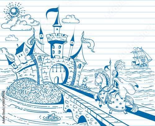 Cute and lovely hand drawn doodle ink landscape with castle, knight, ship, sea and flowers on the background of the notebook sheet in vector.