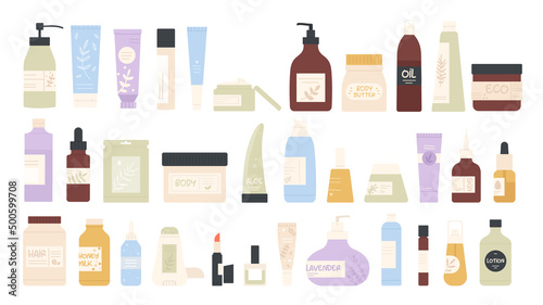 Cosmetics, makeup and skincare products set vector illustration. Cartoon moisturizer lotion and cream, gel and shampoo in plastic bottles, containers and tubes isolated on white. Beauty, salon concept