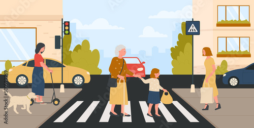 Polite kid holding granny hand to help cross city road at pedestrian crossing vector illustration. Cartoon girl with good manners and elderly woman walk on crosswalk background. Courtesy concept