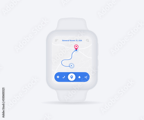Smartwatch Map GPS navigation app ux ui, clock map fitness application, App search map wristwatch, Technology map, City navigate wrist, City street, gps tracking, Location tracker, Vector illustration