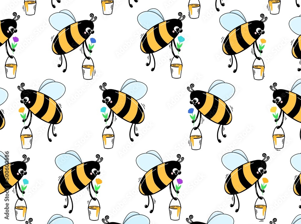  Pattern with funny bees .  Hand-drawn illustration with curved lines. Designs for fabric, clothing, and other items.
