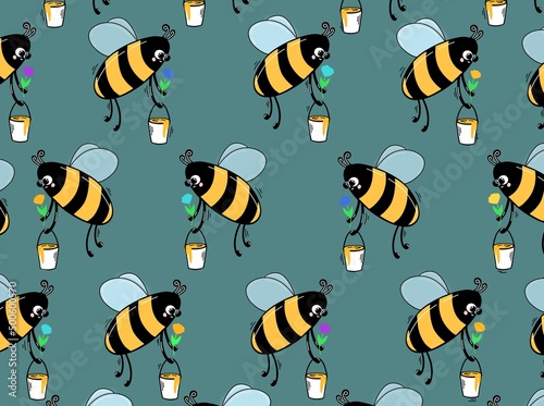  Pattern with funny bees .  Hand-drawn illustration with curved lines. Designs for fabric, clothing, and other items. © Наталья Майшева