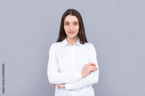 manager executive on grey background. female formal fashion. confident lady boss.