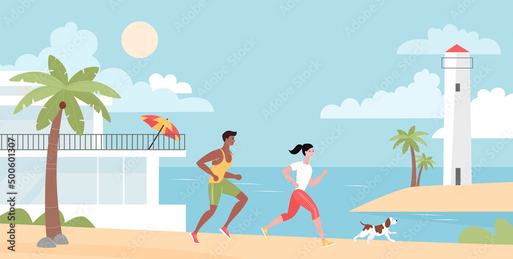 Couple of runners and dog run on beach. Healthy active exercises and workout of people jogging among palm trees, resort and lighthouse on sea shore flat vector illustration. Lifestyle, sport concept