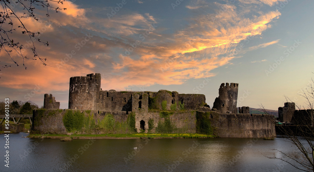 Caerphilly Castle, Wales with beautiful sunset sky