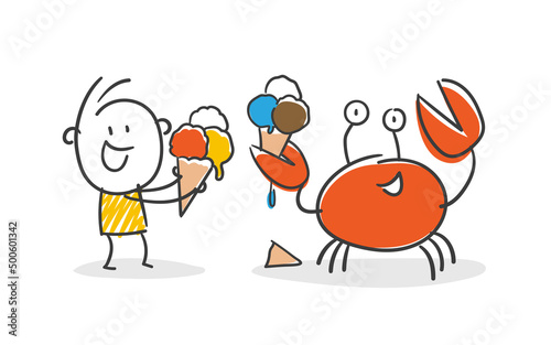 Strichfiguren / Strichmännchen: Sommer, Eis, Krabbe. (Nr. 795)