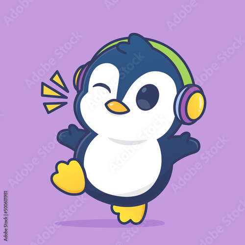 cute happy penguin wear headphone