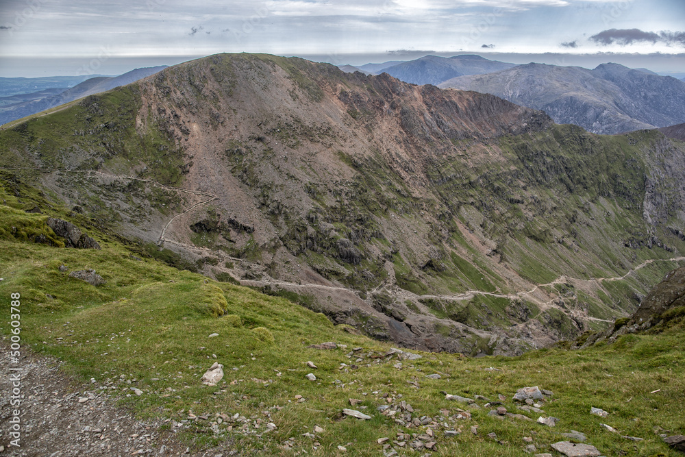 Snowdon Walk.  On the Saddle Bwlch Glas Looking East at the Split of the Pyg Track and Miner's Track.  One of a Series Documenting the Pyg and Miner's Tracks.