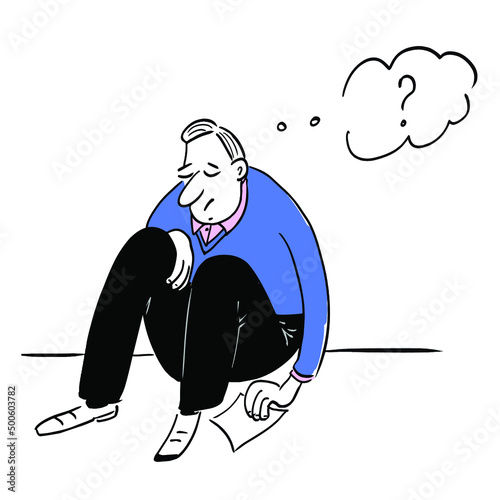 Very sad man sitting on the floor  holding document. Vector illustration eps 10 on white background