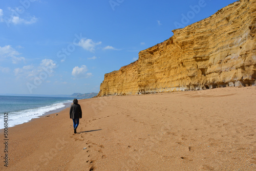 Obraz na plátně Woman from behind, walking alone beneath the cliffs on Hive Beach, Burton Bradst