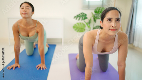 Attractive female coach teach people in the yoga class. People practicing lesson with instructor. Exercise and stretching healthy lifestyle at home. Meditating and relaxation concept. Indoor activity