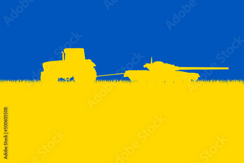 Ukrainian farmer tractor pulling captured russian tank on a yellow wheat field silhouette and clear blue sky