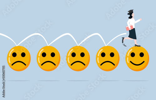 Job changing in short time of new generation graduates, finding passionate job, searching new workplace with positive vibe concept. New graduate woman jumping on many unhappy faces to joyful face.