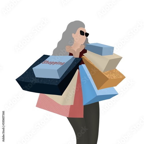 Woman with shopping bags flat illustration on white background