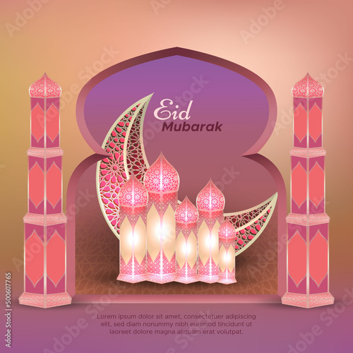 gate of mosque minaret with crescent moon and table lamp for eid Mubarak celebration