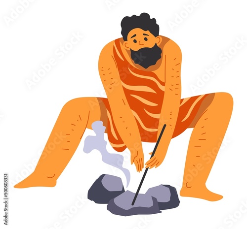 Caveman trying to make bonfire, surviving man
