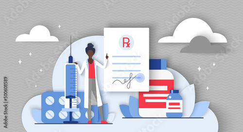 RX medical prescription for drugs, pills and vaccine. Tiny doctor with syringe and pharmacist prescribe medicaments to sick patient, receipt on painkiller flat vector illustration. Medicine concept