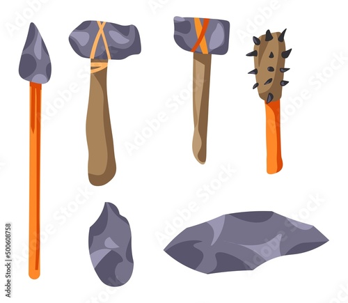 Prehistoric handmade stone tools and spears set