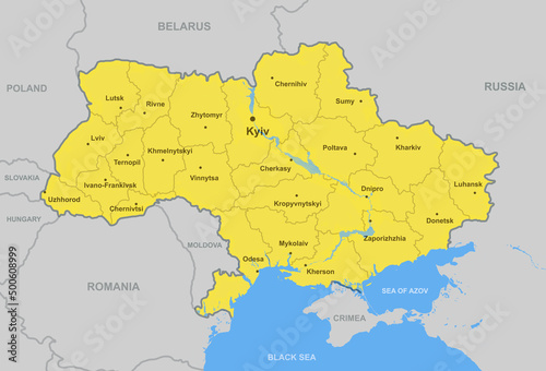 Outline map of Ukraine with cities, region borders and Black Sea photo