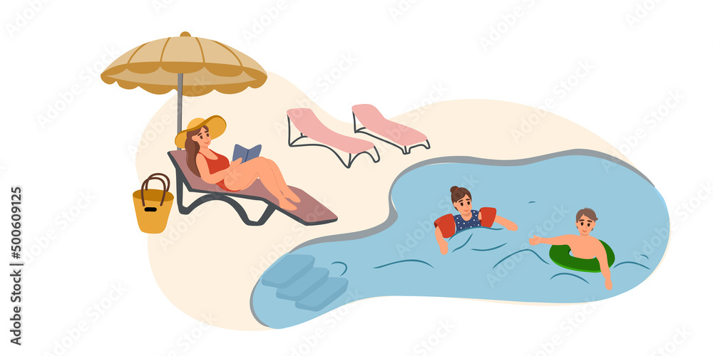 Naklejka premium Mother lies on a sun lounger, reads a book under an umbrella. Joyful and happy couple of children have fun on an inflatable ring in the sea or pool. Family summer vacation. Vector illustration.