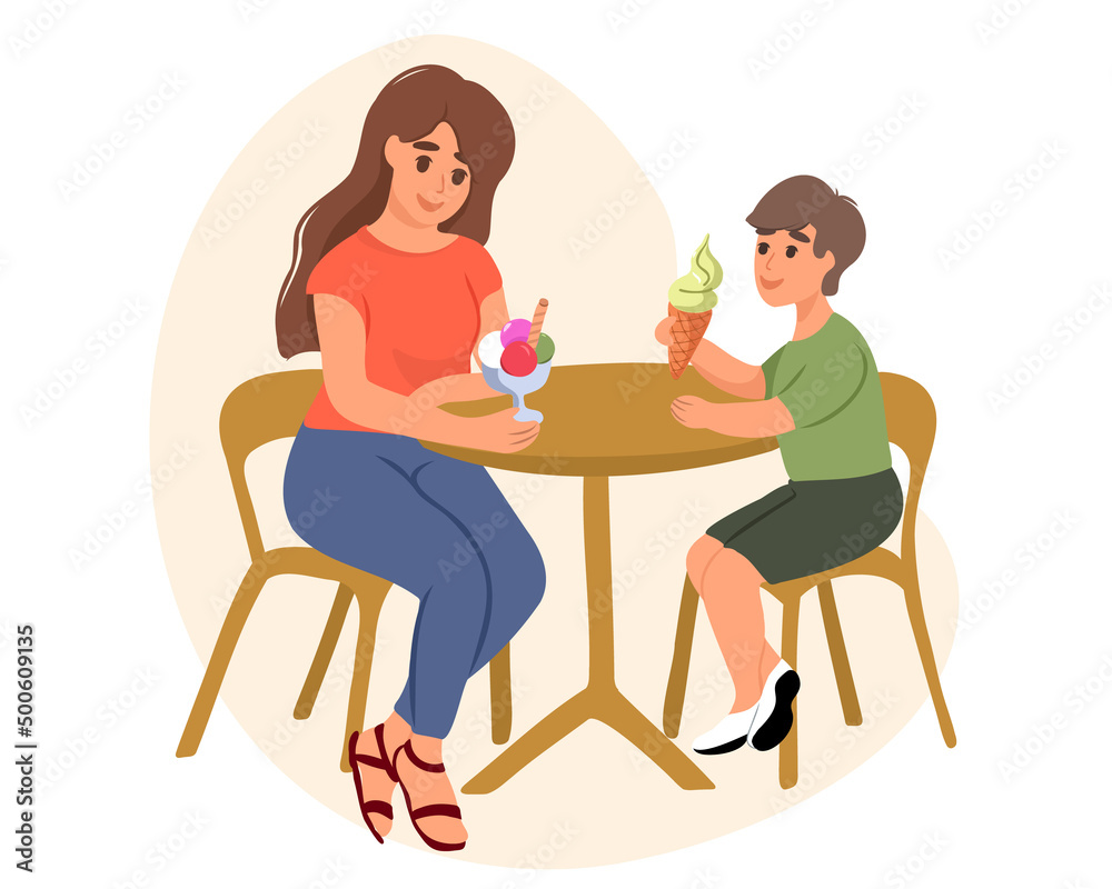 Happy mother and son are sitting at the table and eating ice cream in a cafe. Good relationship between parent and child. Happy moments together. Vector illustration