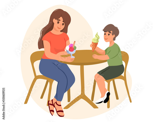 Happy mother and son are sitting at the table and eating ice cream in a cafe. Good relationship between parent and child. Happy moments together. Vector illustration